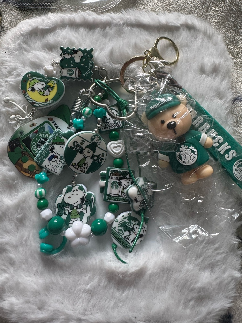 Starbucks Green & White Snoopy and Bear Charm Set